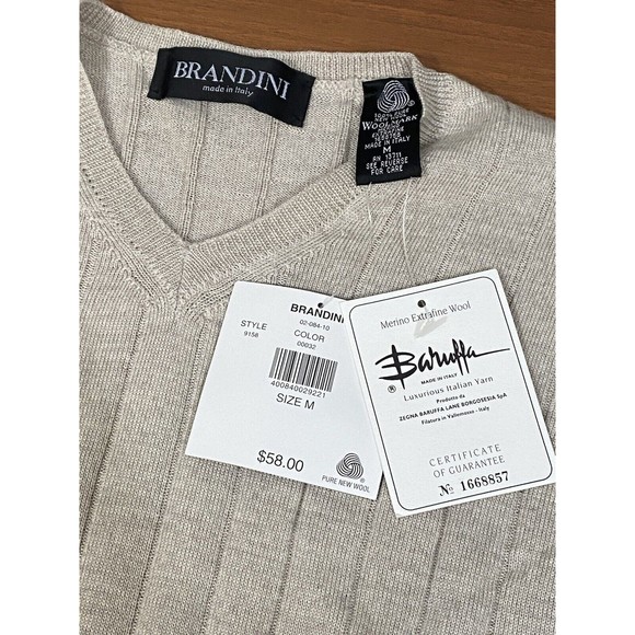Brandini Sweater Mens M V Neck Extra Fine Merino Wool Long Sleeve Beige NWT - Picture 2 of 7